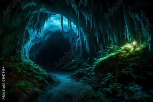 A mysterious cave entrance illuminated by the soft glow of bioluminescent fungi, hidden deep in a mystical forest.