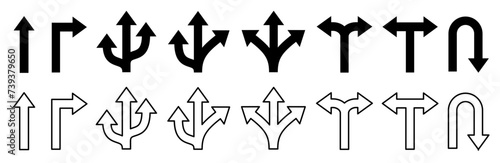 Traffic way set icon, road arrows icon symbol set, multi traffic sign, double option way, fork path sign, turn left and right