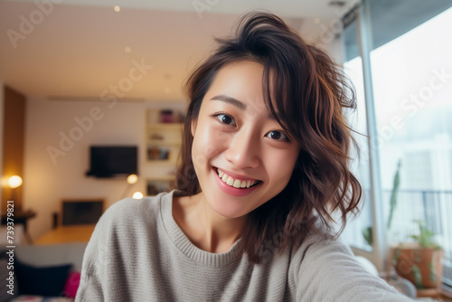Young happy asian woman taking selfie at home