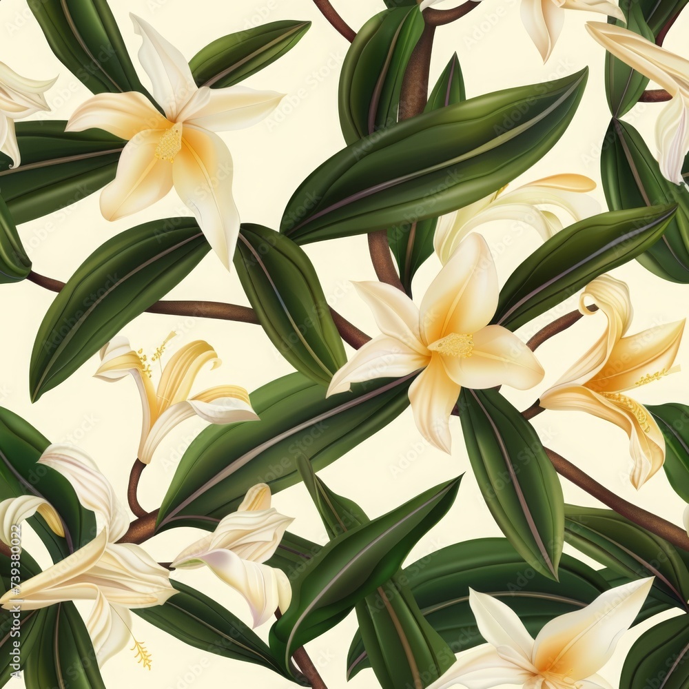 Obraz premium Floral Pattern Featuring Vanilla Plant: Seamless Background - Ideal for Home Decor Websites, Fabric Designers, and Mother’s Day Celebrations