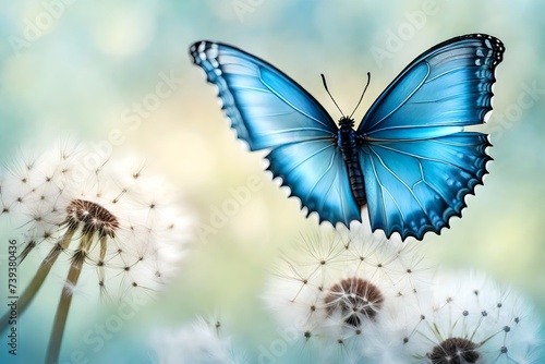 A serene natural pastel background with a Morpho butterfly gracefully perched on a delicate dandelion.