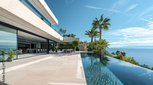 elegant coastal villa with infinity pool, panoramic sea views, and lush greenery