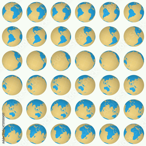 Collection of globes. Tilted sphere view. Rotation step 10 degrees. Solid color style. World map with graticule lines on light background. Captivating vector illustration. © Eugene Ga