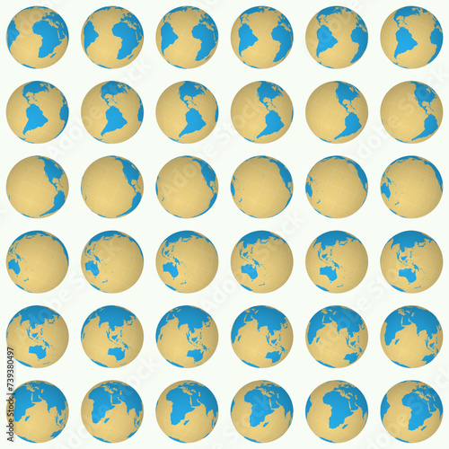 Collection of globes in tilted sphere view, rotated in 10-degree steps. Solid color style with world map and graticule lines on a light background. Captivating vector illustration.