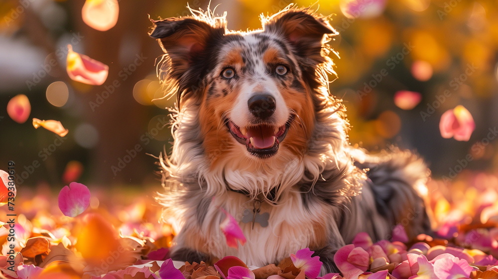 Beautiful dog lying among colorful fall leaves, enjoying the warm autumn light.