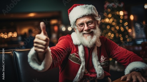 Santa Claus in the bar. Cheerful happy and smiled bearded man in Santa suit in pub. Glass of beer in hands. Merry Christmas and Happy New Year. Alcohol, drinking beer. Winter holidays. Generated AI © Imtiaz