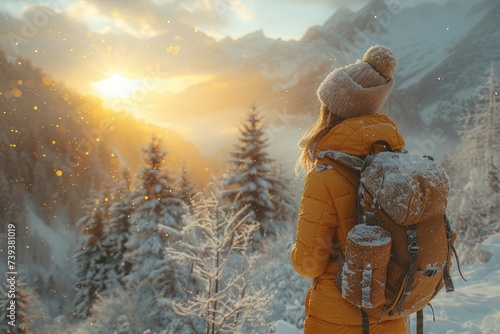 Braving the freezing winter, a woman adorned in a bright yellow coat and hat stands amidst the snowy landscape, basking in the warm glow of the sun against the majestic mountain backdrop
