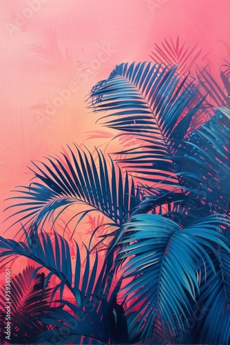 blue tropical palm trees against pink background. Summer fireworks on the beach. Generative AI