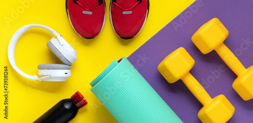 Dumbbells on purple roll mat on yellow background. Sport lifestyle concept. Flat lay. Red sneakers, music headphones, earphones and water bottle. Fitness equipment top view.