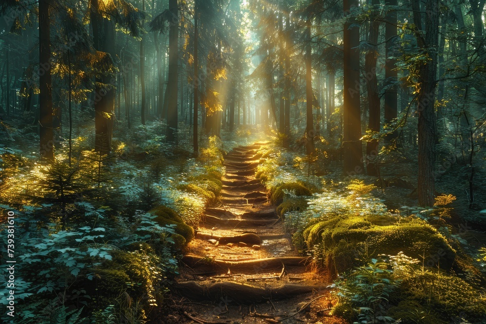 Fototapeta premium A tranquil journey through a lush old-growth forest, surrounded by towering trees and vibrant plants, captured in a stunning outdoor painting