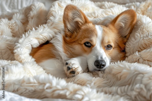 A cute little corgi puppy comfortable lies on a white blanket. AI generative