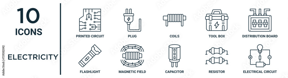electricity outline icon set such as thin line printed circuit, coils ...
