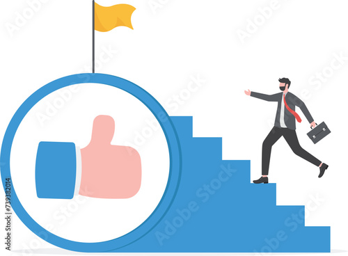 Success steps to reach work achievement, stair or ladder of success, self improvement or career development, step to succeed and reach goal concept, businessman begin to walk up stair to thumb up.

