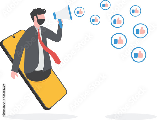 Internet hater, angry social media, dislike or negative feedback from remote work, cyber bullying concept, furious young man from mobile phone shouting on megaphone with negative thumb down symbols.

