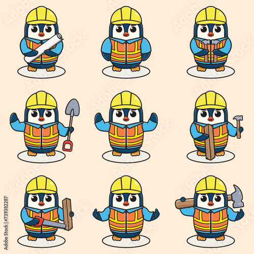 Cute Penguin Construction Contractor Illustration. Vector illustration of a cute building foreman Penguin . Cute Penguin construction worker cartoon. Flat Cartoon Style.
