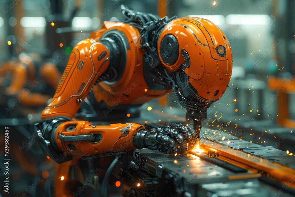 An industrious orange robot meticulously crafts a shiny metal masterpiece indoors, showcasing the perfect fusion of technology and artistry