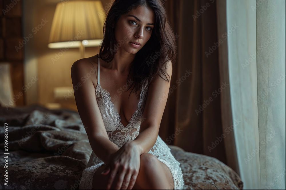 Fototapeta premium beautiful attractive woman in a bedroom, hotel room