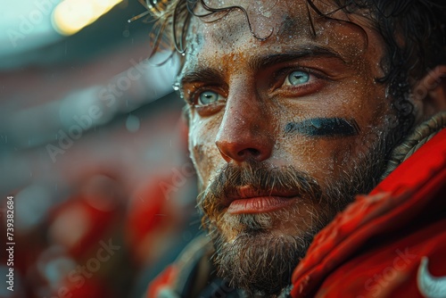 Amidst the rain, a man's blue eyes shine with tears, his weathered face marked with wrinkles and a thick beard, portraying a lifetime of emotion and experience