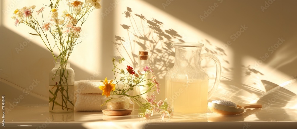 Beautiful arrangement of vibrant flowers in a vase with a refreshing bottle of water Beautiful arrangement of vibrant flowers in a vase with a refreshing bottle of water