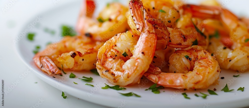 Delicious plate of shrimp with parise and parise, fresh seafood for a gourmet dining experience Delicious plate of shrimp with parise and parise, fresh seafood for a gourmet dining experience