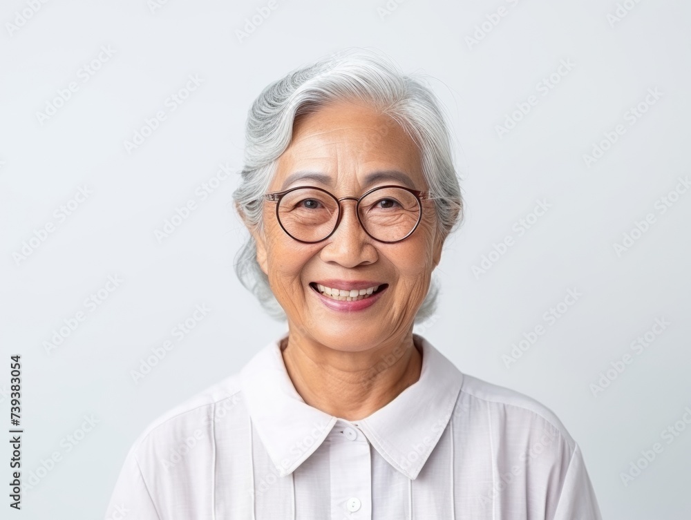 Close-up of a cheerful elderly Asian woman with glasses, radiating warmth and happiness. Close-up of a cheerful elderly Asian woman with glasses, radiating warmth and happiness.