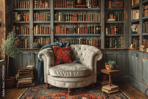 A cozy den, adorned with a stylish bookcase and comfortable couch, invites you to curl up with a good book and escape into the world of literature photo