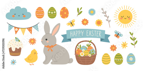 Easter spring elements set. Rabbit, chicken, eggs, basket, flowers, butterflies. Cute holiday collection. Vector flat illustration on white background