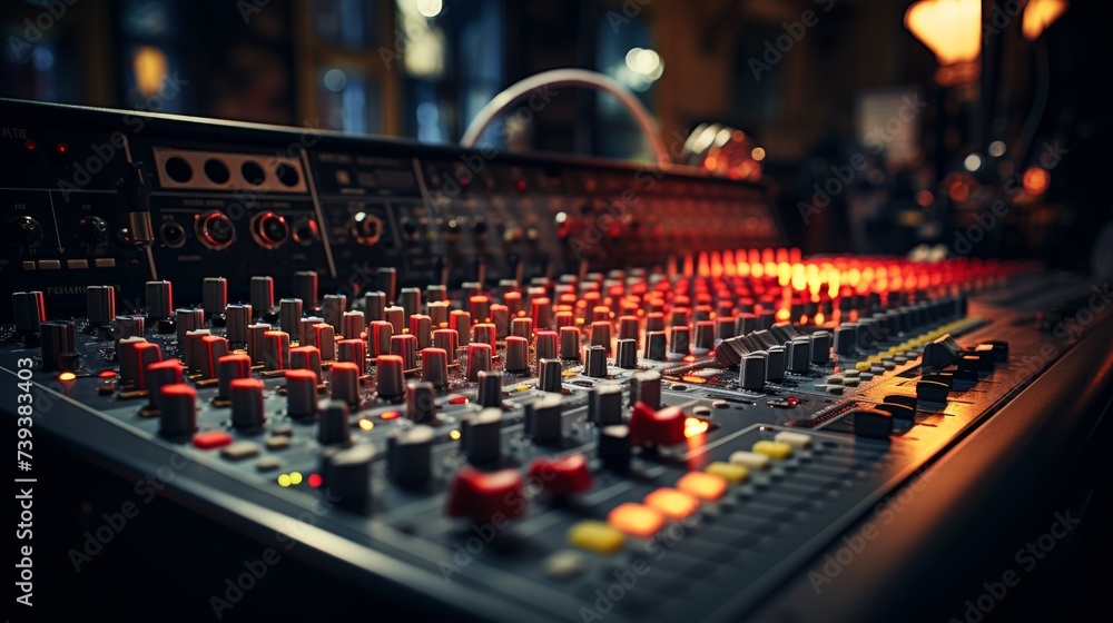 Close-up of an audio mixer controls in a sound recording studio with glowing lights. - obrazy, fototapety, plakaty 