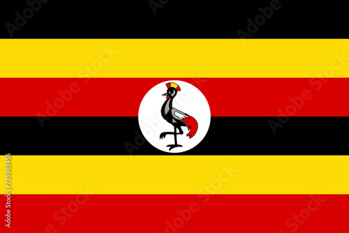 Close-up of black, yellow, red and white national flag of African country of Uganda with bird. Illustration made February 18th, 2024, Zurich, Switzerland.