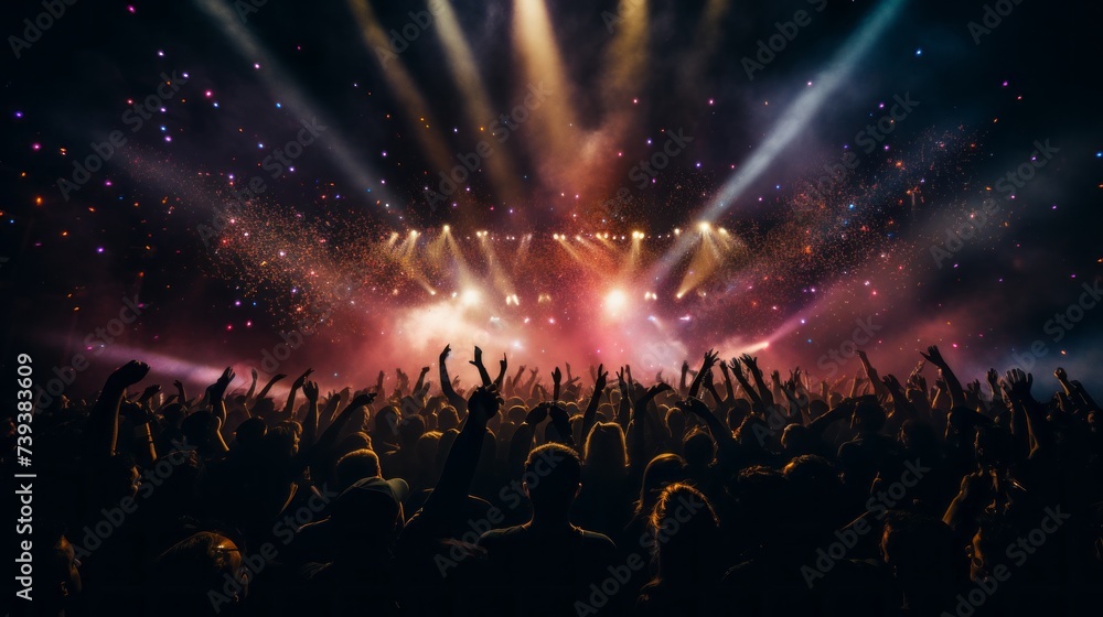 Silhouettes of the concert crowd with their hands up and having fun in front of bright lights, stage spotlights. - obrazy, fototapety, plakaty 