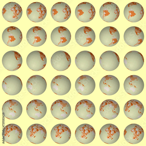 Collection of earth globes. Tilted sphere view. Rotation step 10 degrees. Colored countries style. World map with sparse graticule lines on warm background. Energetic vector illustration.