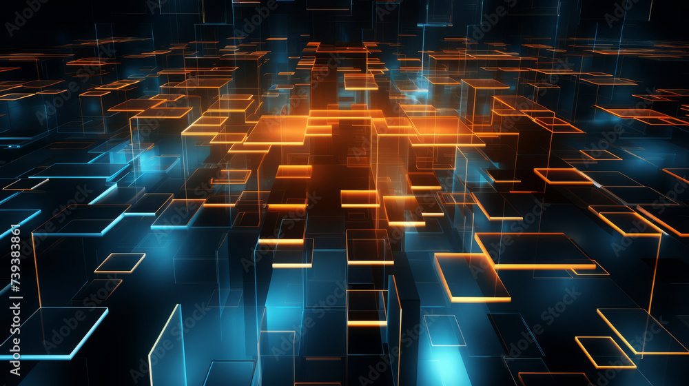 Obraz premium Futuristic digital blocks and lines floating in cyberspace with glowing edges