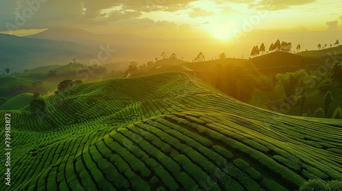 Sunset Hues Over Rolling Tea Plantation Hills A serene sunset view over a vast tea plantation with rolling hills  highlighted by the warm golden hues of the evening sun.  