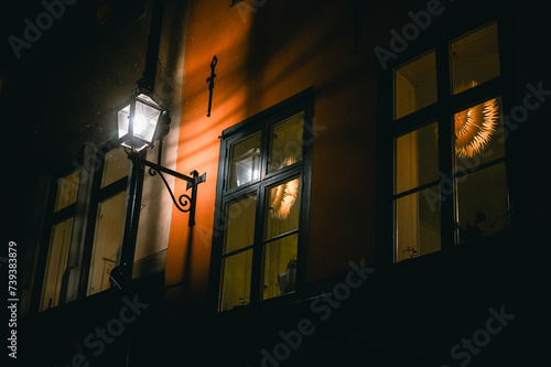 Photography Street lantern in old town in winter, Gamla Stan, Stockholm, Sweden