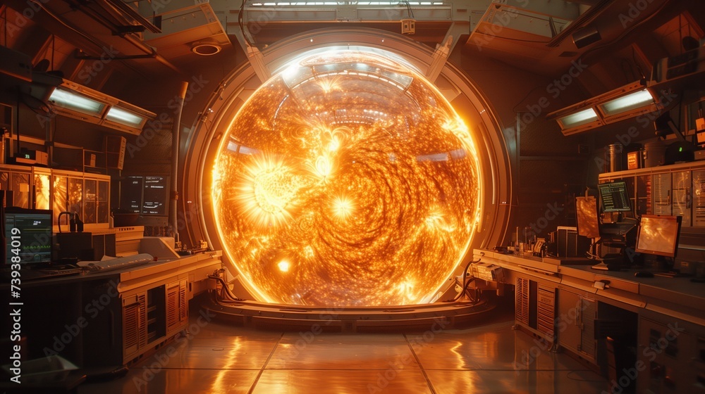 Simulate the image of the artificial sun. It is inside a large laboratory at the research center. Simulate the image of the artificial sun. It is inside a large laboratory at the research center.