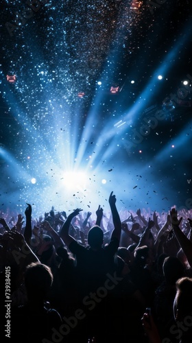 Silhouettes of a crowd of people with their hands up and having fun on the dance floor against the background of bright stage lights and confetti. Music festival, live concert, Party.