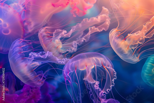 Iridescent Jellyfish. Graceful movement of iridescent jellyfish gliding through the ocean depths  with their translucent bodies reflecting an array of colors