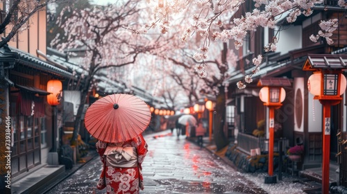 Asian woman wearing japanese traditional kimono and umbrella in a cherry blossom garden on a spring day in Kyoto Japan.