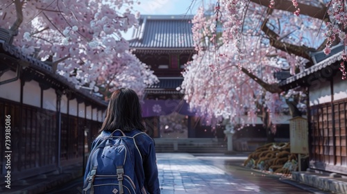 Tourist Asian woman in a cherry blossom garden on a spring day in Kyoto Japan.