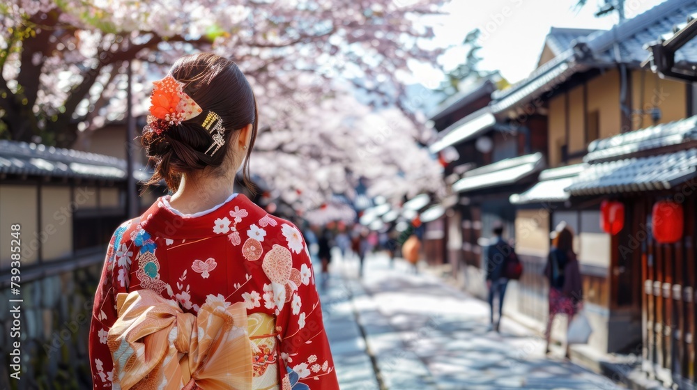 Asian woman wearing japanese traditional kimono and umbrella in a cherry blossom garden on a spring day in Kyoto Japan.