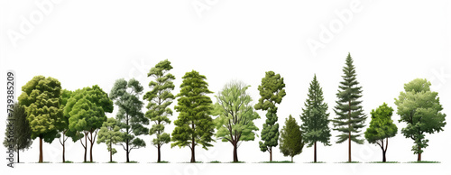 Assorted trees on plain white background in a row for landscaping