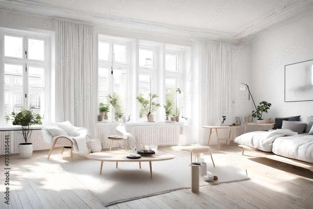 White room interior design with large windows. Scandinavian style interior design White room interior design with large windows. Scandinavian style interior design