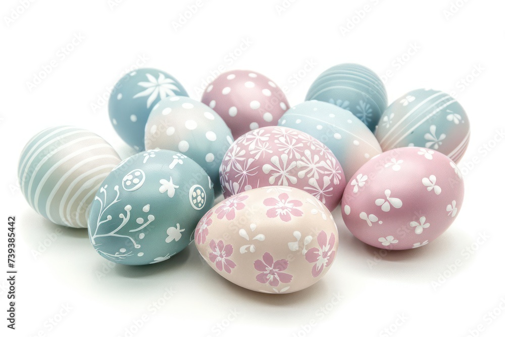 Colorful Easter eggs featuring decorative floral, pastel dots, and line patterns, all on a white background.