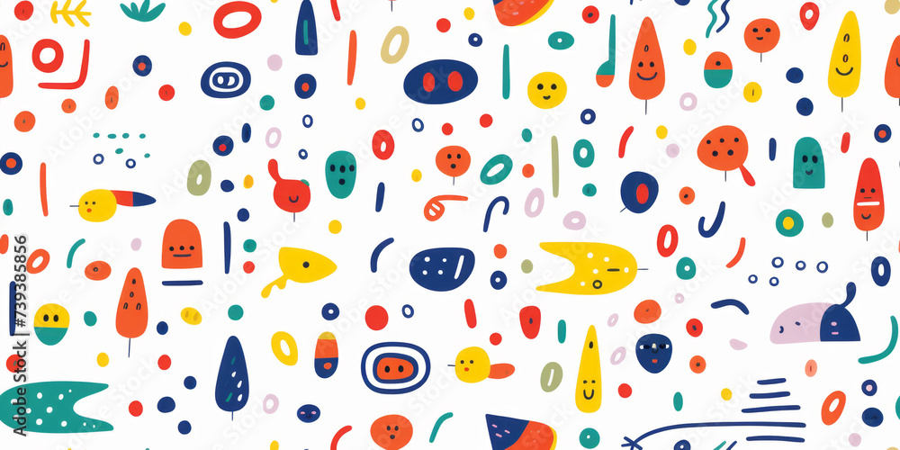Colorful abstract seamless pattern with playful shapes and doodles
