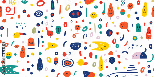 Colorful abstract seamless pattern with playful shapes and doodles