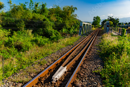 The railway track. The railway in Vietnam. A suburb of Nha Trang, a rural area.