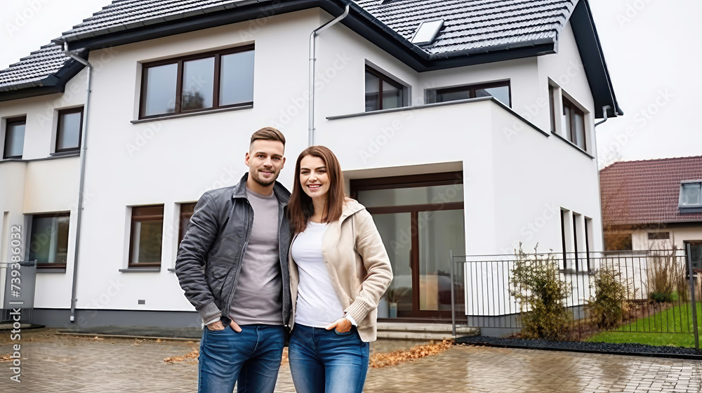 Happy couple standing outside their new modern home, showing pride and ...
