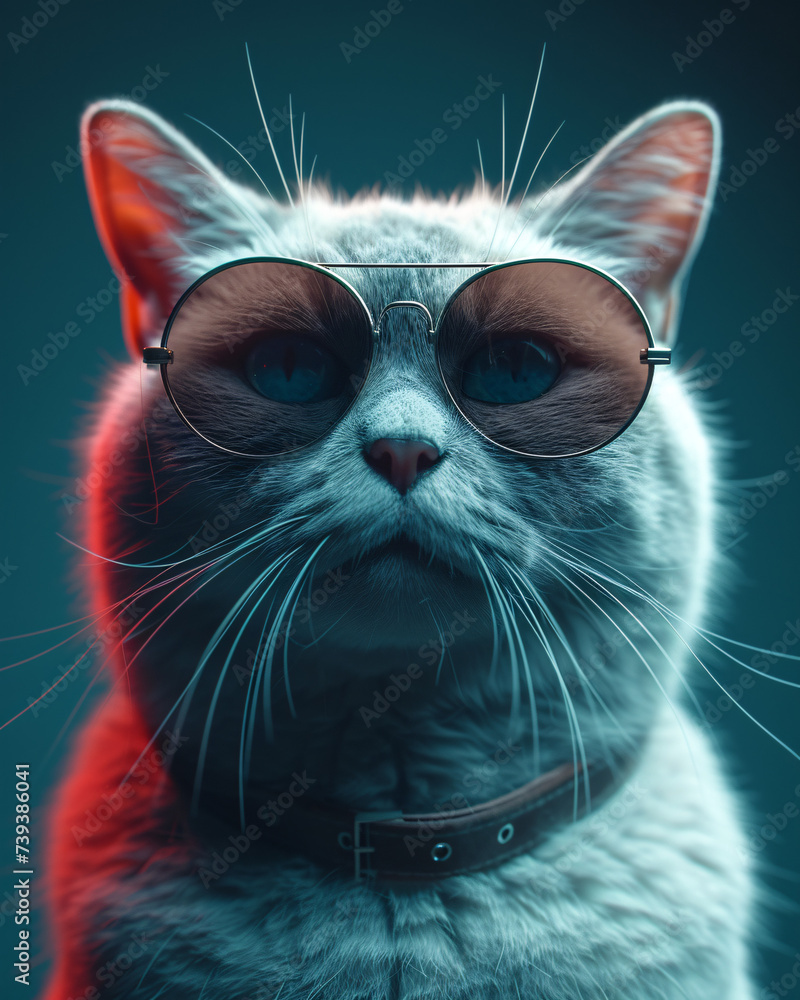 Stylish Feline Portrait: Cat with Sunglasses and Collar Illuminated by Dramatic Lighting Against a Dark Teal Background