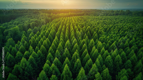 Thuja plantation or pine forest panoramic view, Ecology concept & Green world, Save the planet background illustration