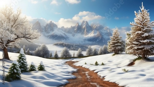 Imagine a beautiful and charming scene with a valley in the background  with a layer of snow covering the ground and cones hanging from the branches of trees